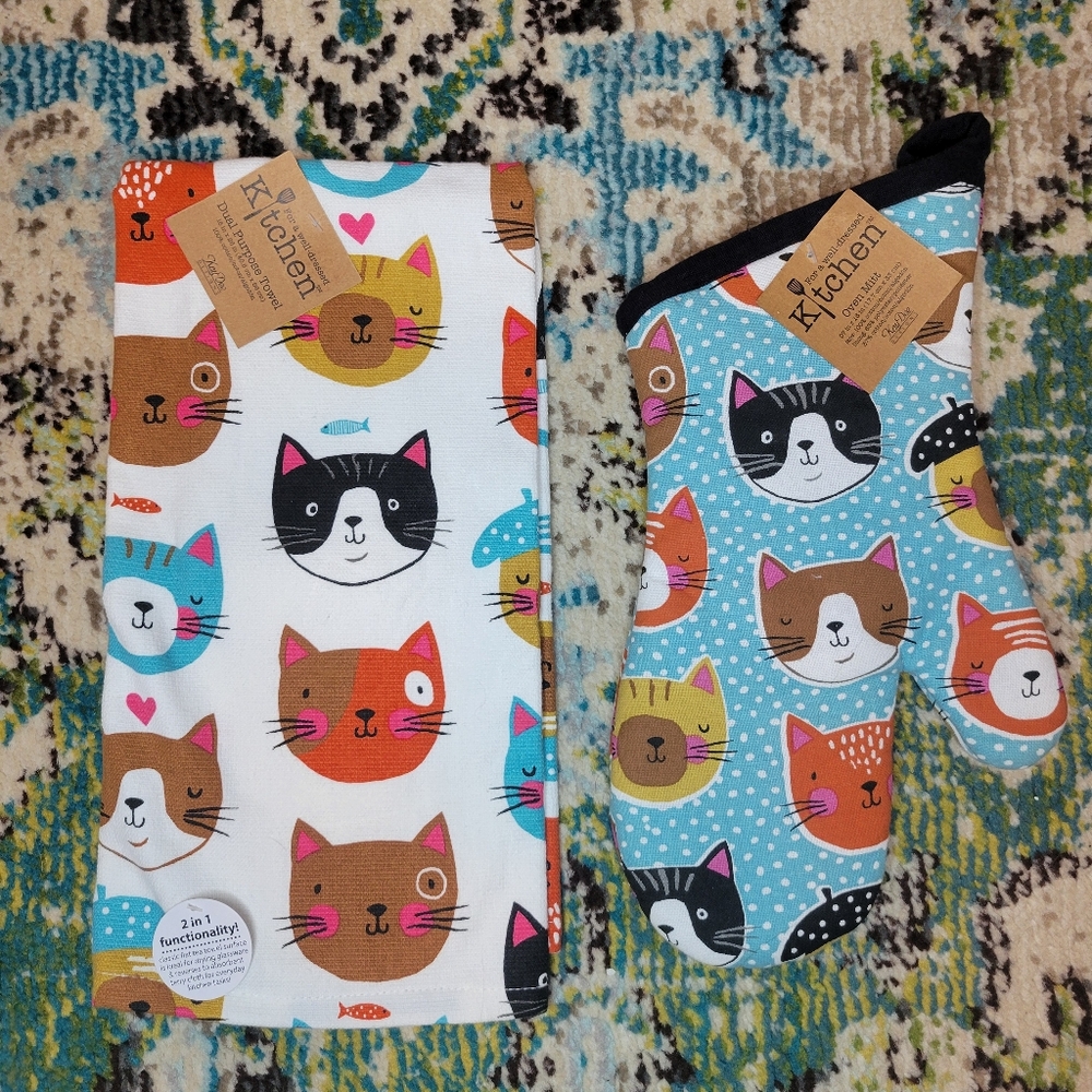 Kitchen Cat Printed Towel & Matching‎ Oven Mit NEW